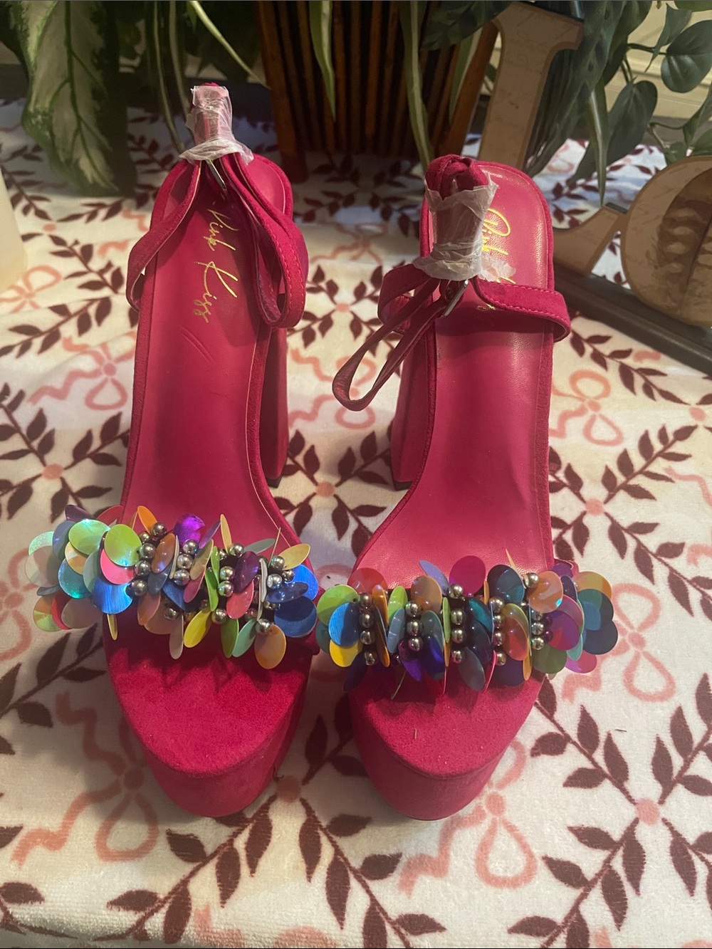 Shoe Dazzle Fuchsia Platform Sandal with Multicolor Sequin Accent